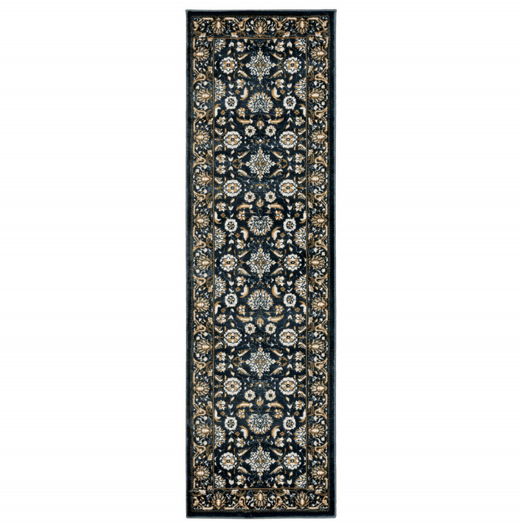 2' X 8' Navy Caramel And Ivory Oriental Power Loom Stain Resistant Runner Rug - 606114594741