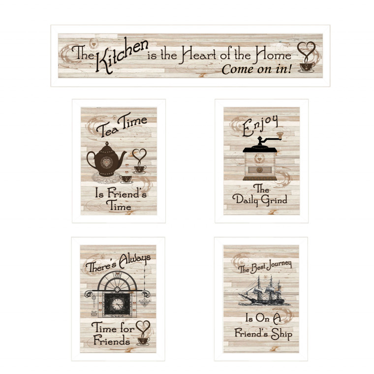 Homeroots Home Decor Set Of Five Kitchen Friendship Collection II 5-Piece 4 White Framed Print Wall Art, White
