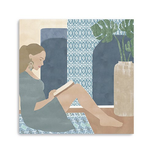 Homeroots Home Decor 30" Bohemian Book Lady Canvas Wall Art, Blue