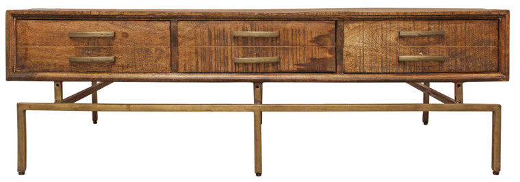 56" Brass And Brown Solid Wood Rectangular Distressed Storage Coffee Table - 606114463078