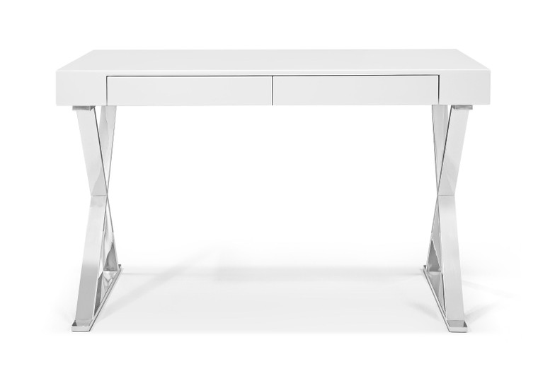 Homeroots Office Desk Large, High Gloss White Finish, Two Drawers Stainless Steel Base