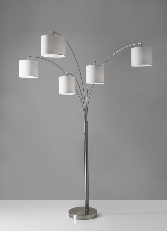 Five Light Floor Lamp Brushed Steel Arc Arms and Petite White Drum Shades - 4512839457680