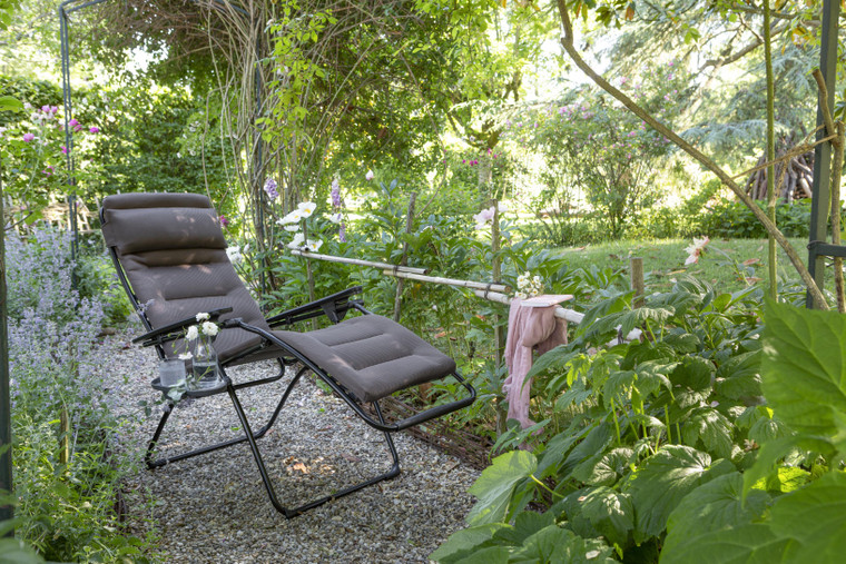 Homeroots Furniture Zero Gravity Recliner, Taupe Fabric, Black Frame