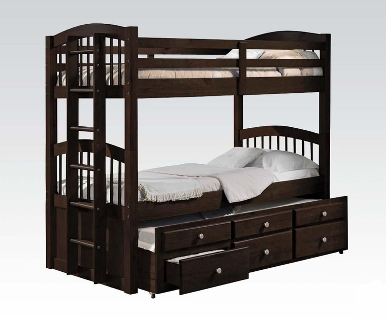 Espresso Twin Over Twin Solid Wood Bunk Bed With Trundle And Storage