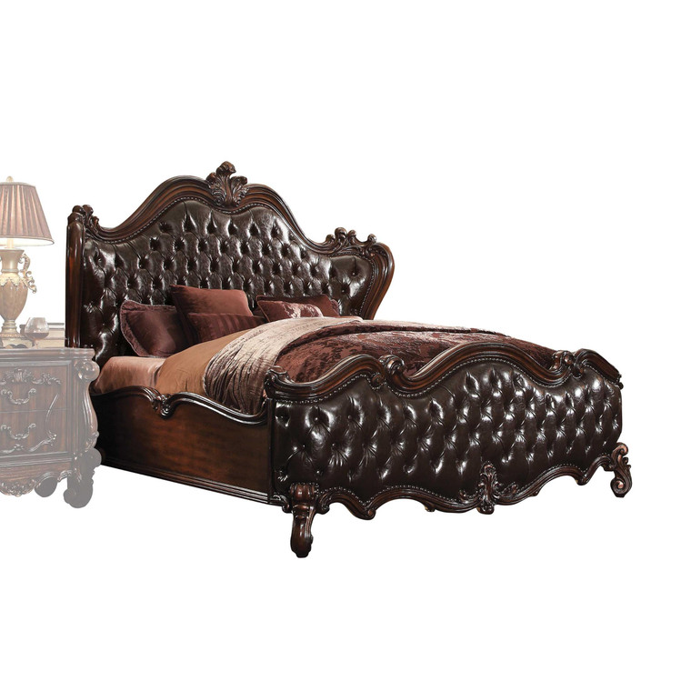 92" X 97" X 76" 2-Tone Dark Brown PU Cherry Oak Wood Poly Resin Upholstery Eastern King Bed - 4512839707945