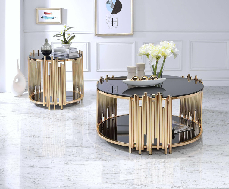 25" X 25" X 22" Black Glass And Gold End Table - 614486177059