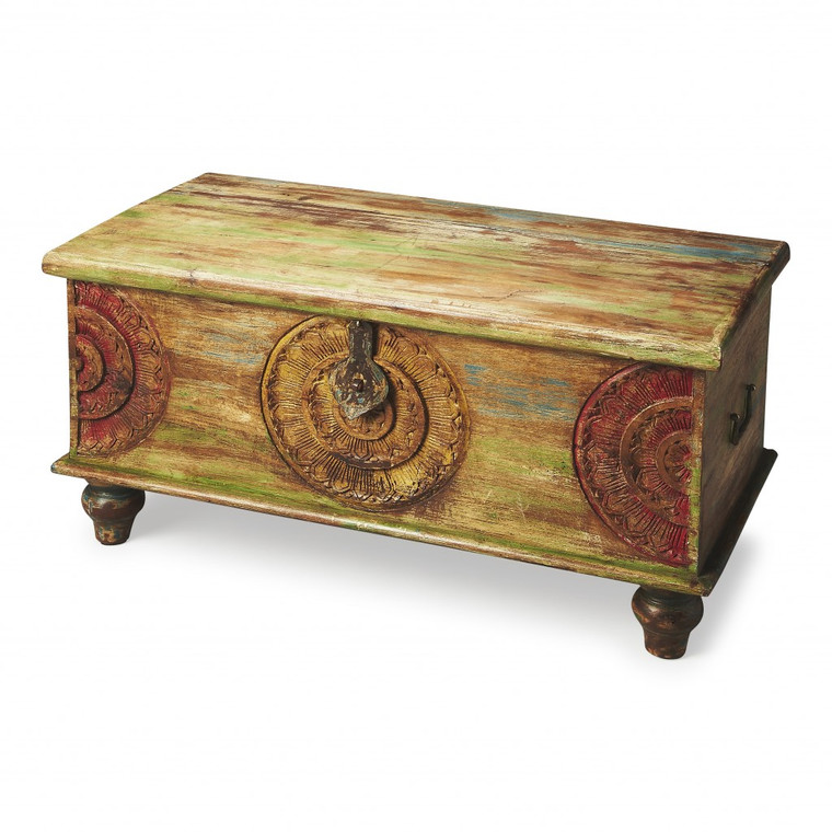 Homeroots Living Room Mesa Carved Wooden Trunk Coffee Table