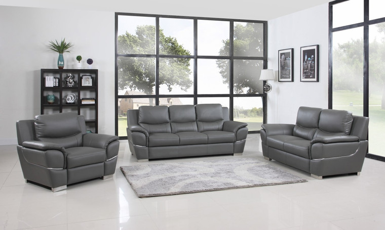 111" Chic Grey Leather Sofa Set - 4512822744087