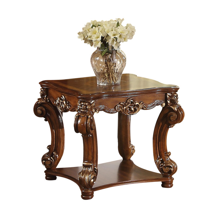 Homeroots Living Room 26" Square End Table with Shelf, Cherry Manufactured and Solid Wood