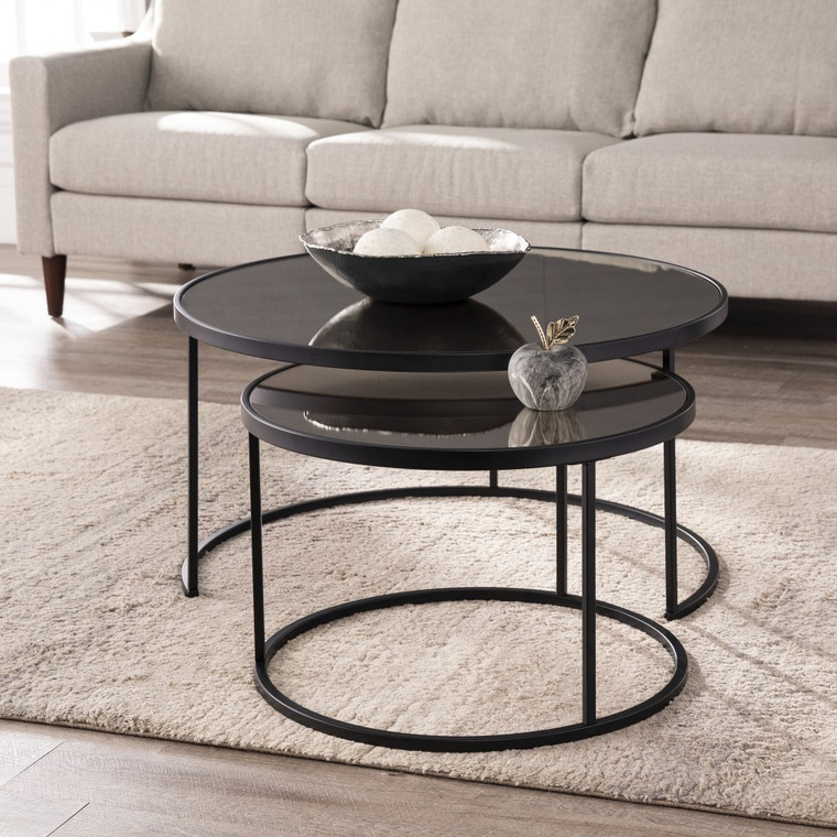 Homeroots Set of Two Mirrored Round Nested Coffee Tables, Black and Silver Finish