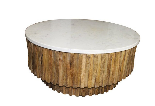 Homeroots Living Room Round Marble Top and Wooden Strips Coffee Table
