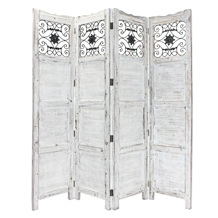 Homeroots Home Decor Gray Wash 4 Panel With Scroll Work Room Divider Screen, Gray/Blue Finish, 4 Panels