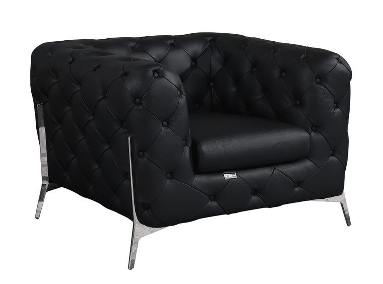 Homeroots Living Room Glam Black and Chrome Tufted Leather Armchair, Black and Chrome, Tufted