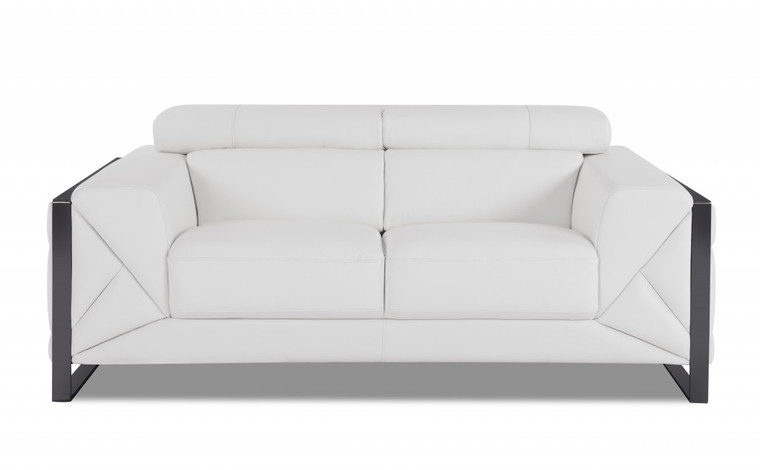 Homeroots Living Room 75" White Italian Leather and Chrome Love Seat