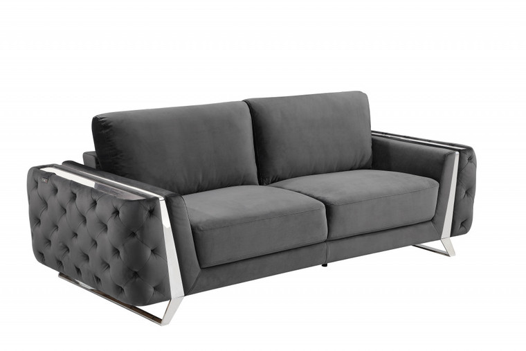 90" Dark Gray Velvet And Chrome Stainless Steel Standard Sofa - 606114151197