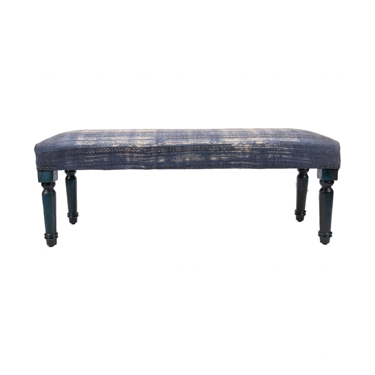 47" Blue And Cream Abstract Design Blue Leg Upholstered Bench - 606114064633