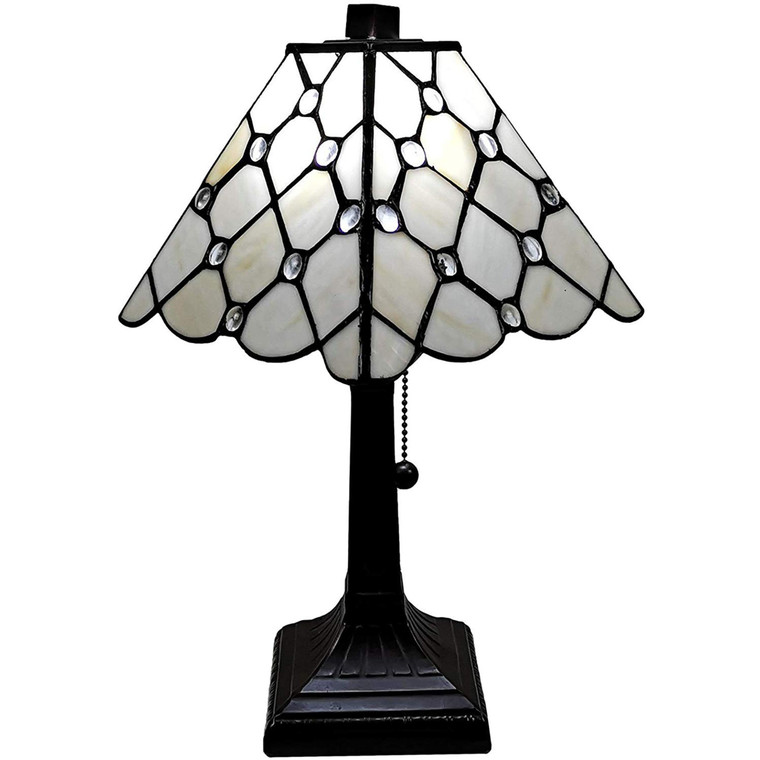 15" Tiffany Style White Stained Glass with Crystals Table Lamp - 606114647775