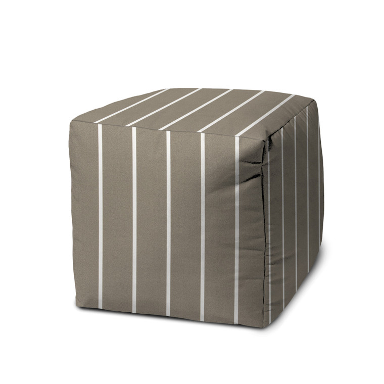 17" Taupe 100% Polyester Cube Striped Indoor Outdoor Pouf Ottoman - 606114154648