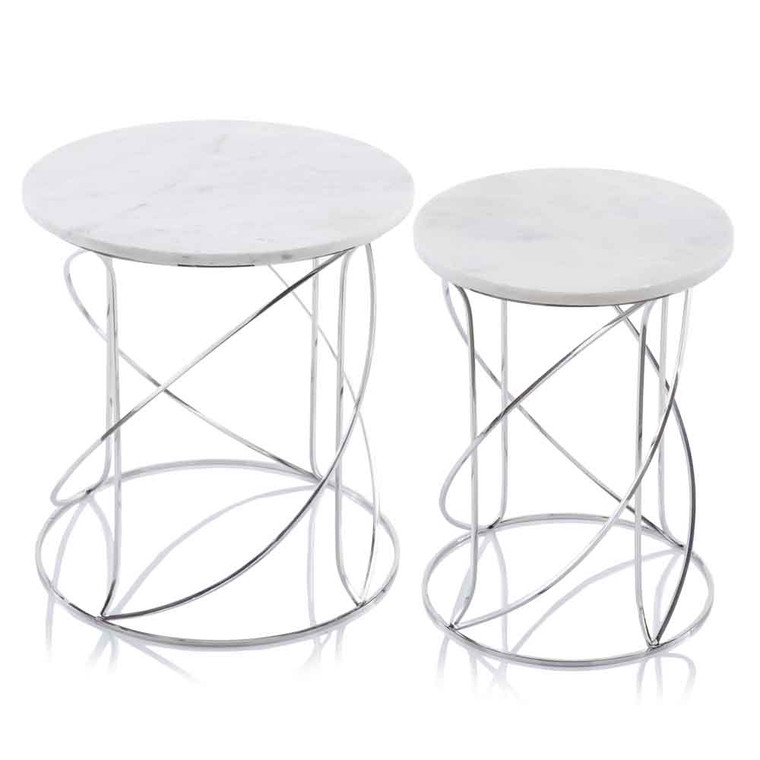Homeroots Living Room Nested Marble Tables, Buffed White, Set of 2