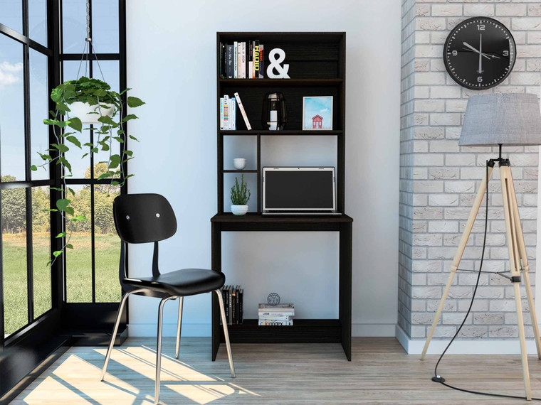 Homeroots Office Milo Black Computer Desk with Hutch, Black Wenge Finish