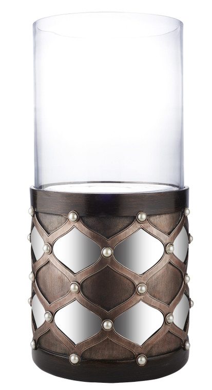 Homeroots Home Decor 22" Bronze and Silver with Pearls Tabletop Hurricane Candle Holder