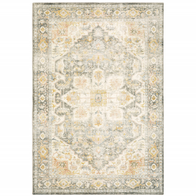 Homeroots Home Decor 5' x 7' Oriental Power Loom Stain Resistant Area Rug, Grey Gold Orange and Ivory