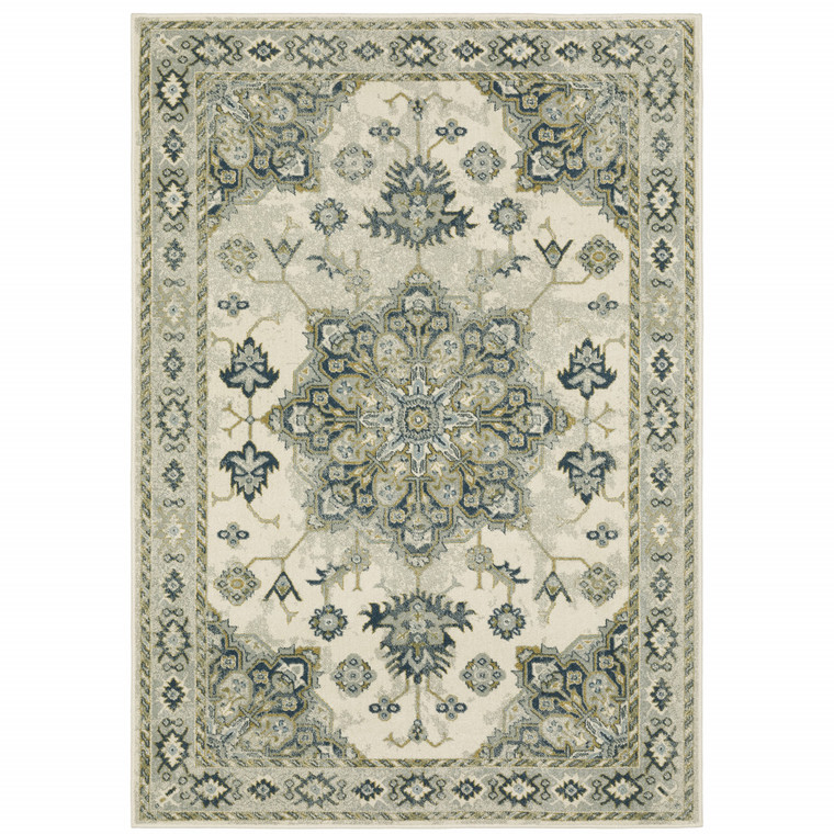 Homeroots Home Decor 8' X 11' Teal Blue Grey Tan And Beige Geometric Power Loom Stain Resistant Area Rug