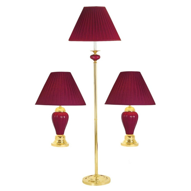 Red Ceramic and Gold Floor And Table Lamp Set With Red Classic Empire Shades - 606114070542