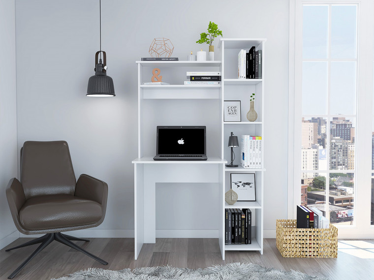 Modern White Office Desk with Storage Cabinet - 606114646136