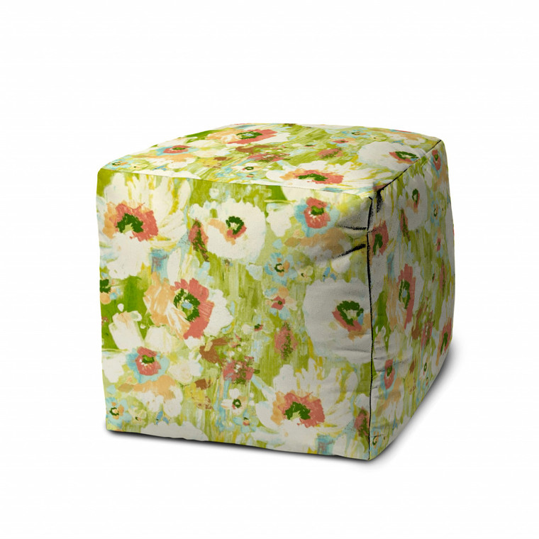 17" Green 100% Polyester Cube Floral Indoor Outdoor Pouf Ottoman - 606114154143