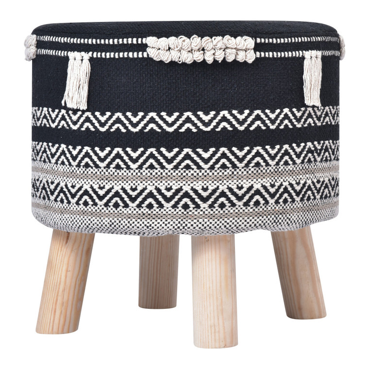 16" Black And White Cotton And Natural Round Chevron Ottoman - 606114669968