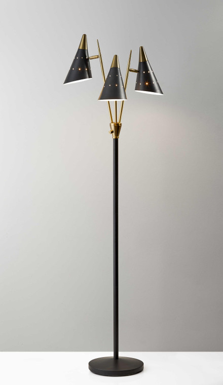 Black Metal Floor Lamp with Three Adjustable Antique Brass Accented Cone Shades - 4512839459813