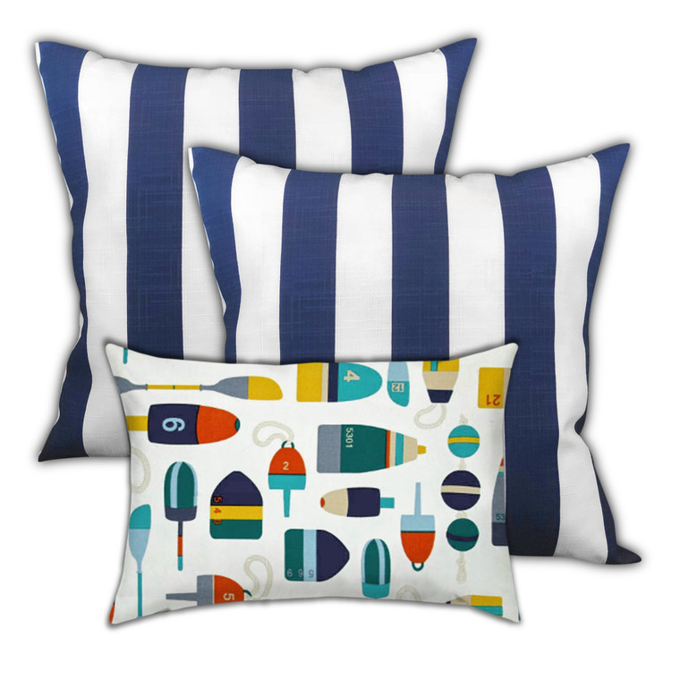 Set Of Three 18" X 18" White And Green Zippered Striped Throw Indoor Outdoor Pillow - 606114094708