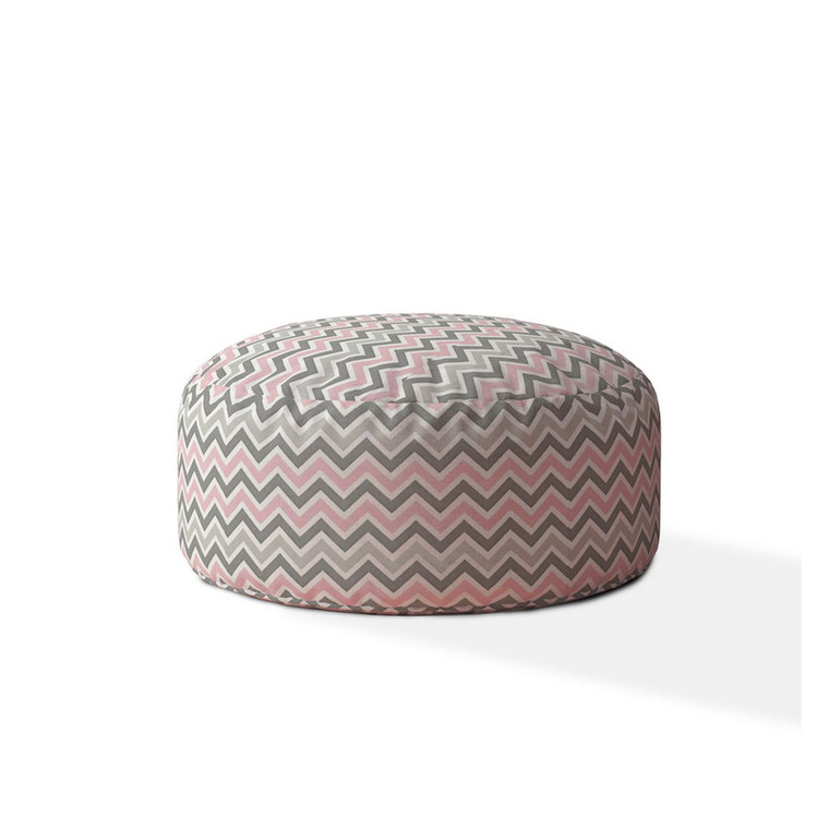 24" Grey And Pink Twill Round Chevron Pouf Ottoman - 606114667131