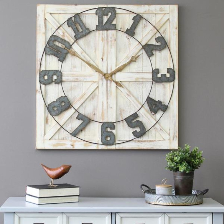 Square Distressed Wood And Metal Wall Clock With Vintage Touch - 614486188307