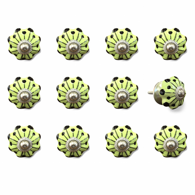 Set of Twelve Yellow Green And Silver Floral Ceramic Drawer Pull Knobs