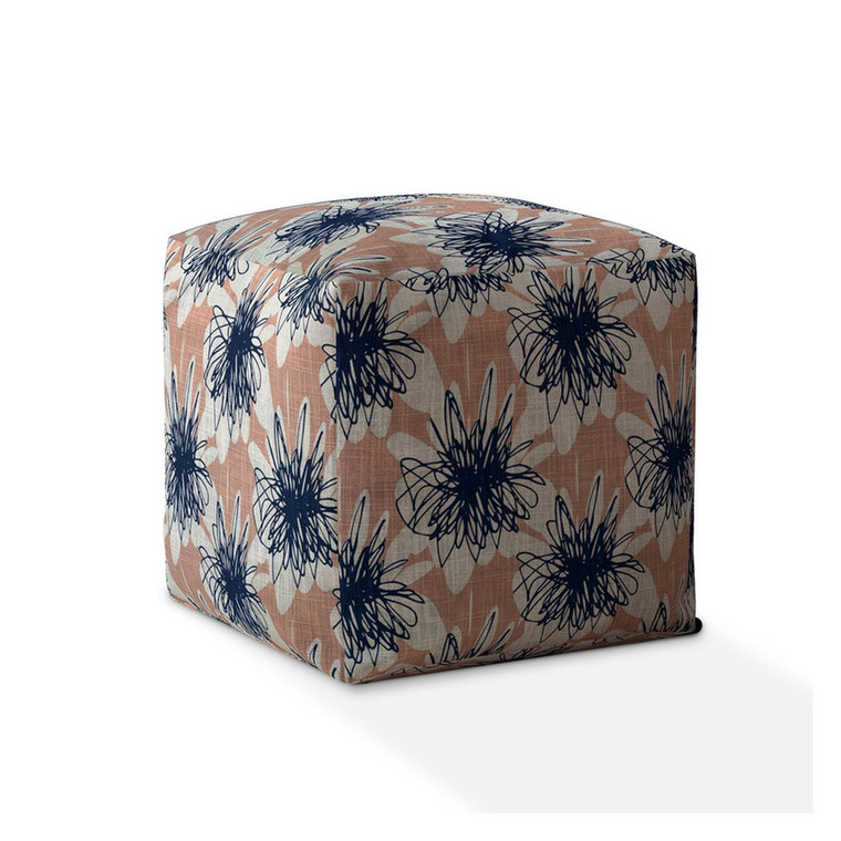 17" Pink And Blue Canvas Floral Pouf Ottoman - 606114666486
