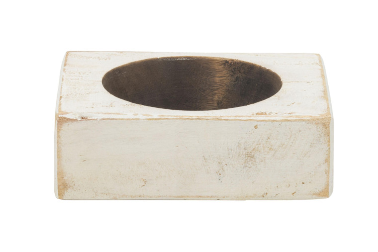 Distressed White Wood Tabletop Pillar Candle Holder - 606114681809