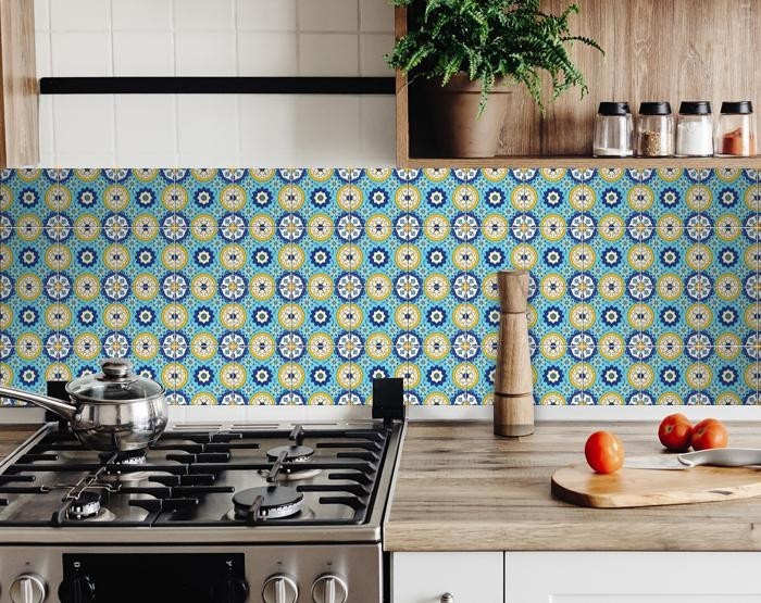 5" X 5" Aqua Floral Peel and Stick Removable  Tiles