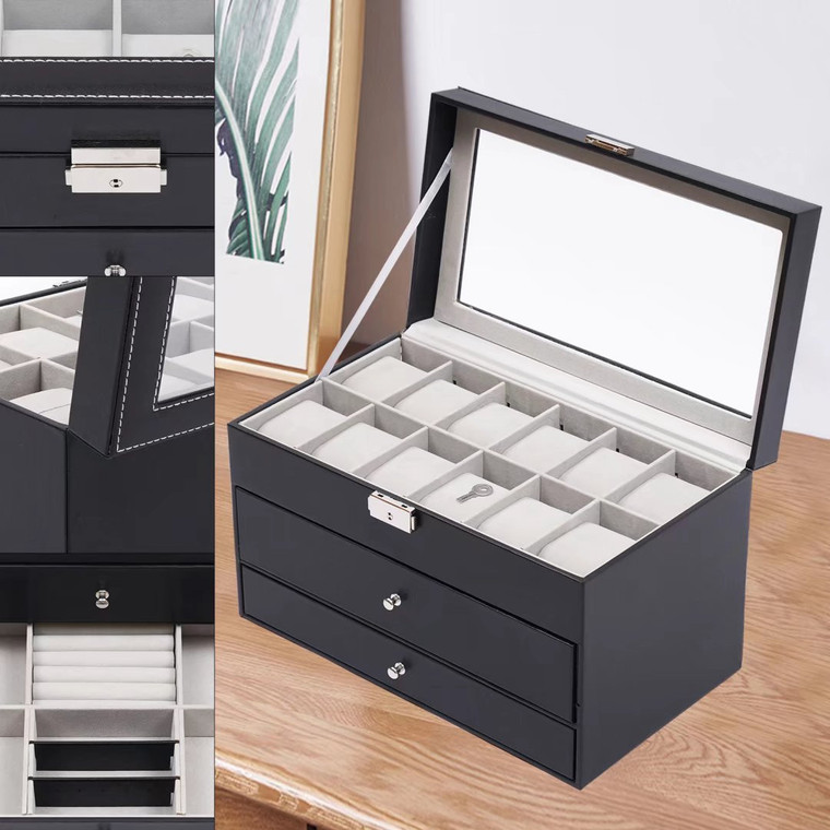 Black Faux Leather Jewelry Box With Three Layers - 606114631408
