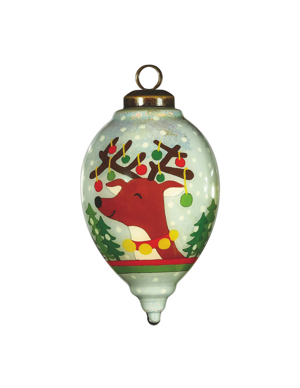 Festive Glitter Reindeer with Lights Hand Painted Mouth Blown Glass Ornament - 606114637097