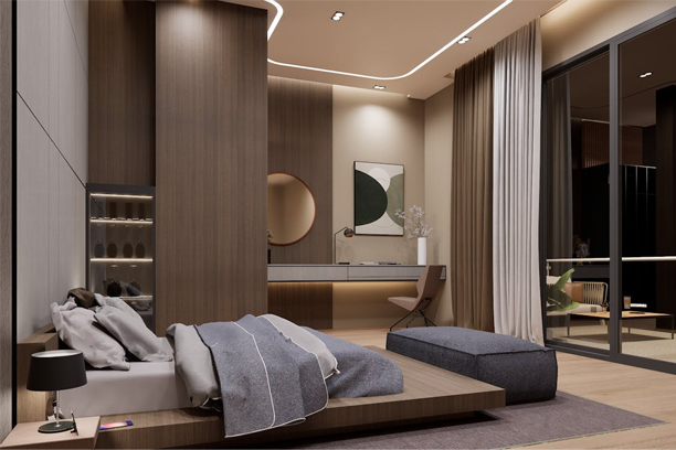 Styled bedroom with area rug