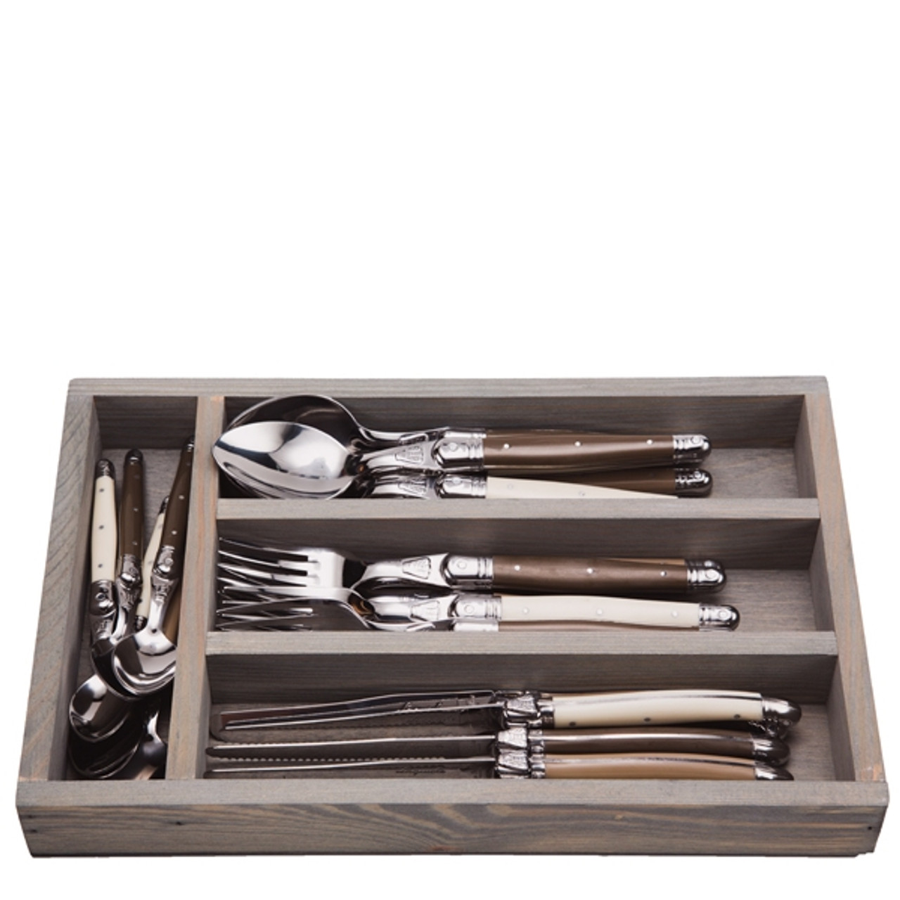 Jean Dubost 24 Pc Everyday Flatware Set with Linen colored Handles in a Tray