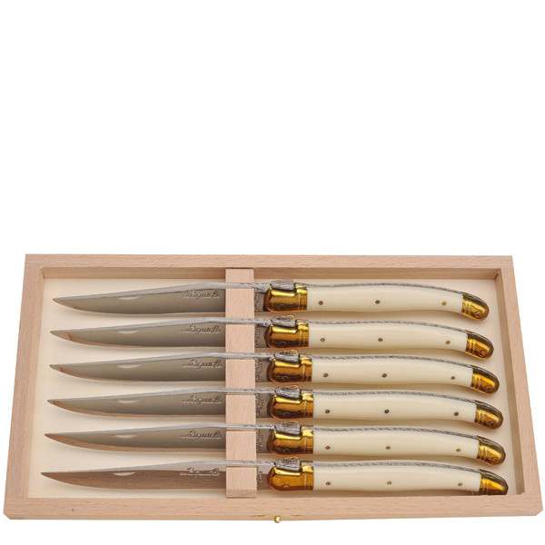 Jean Dubost 6 Steak Knives Ivory in Wood Box