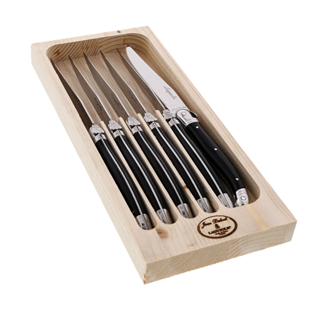 Jean Dubost 6 Steak Knives with Black Handles in Tray