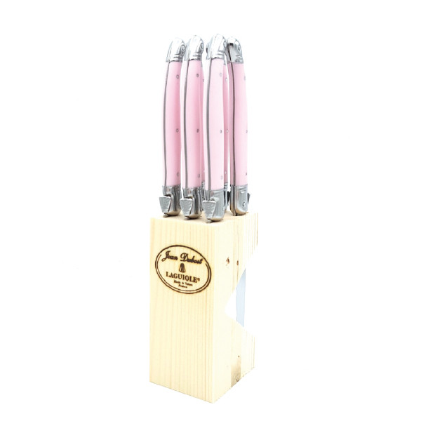 Jean Dubost 6 Steak Knives Pink Handles in Block