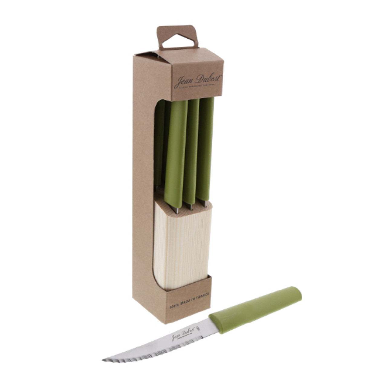 Jean Dubost 6 Eco-Friendly Steak Knives Green Handles in Block