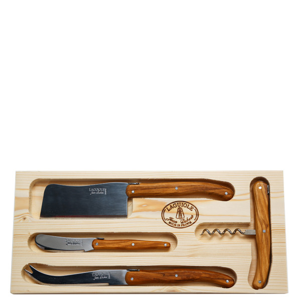 Jean Dubost Rustic Range Olive Wood 4pc Cheese and Wine Set