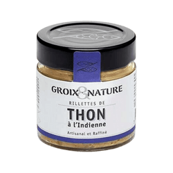 Exquisite Tuna with Indian Spices by Groix et Nature, Brittany, France. Glass jar with white label and purple hints, showcasing locally-made tuna seasoned with fragrant Indian spices.