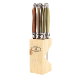 Jean Dubost 6 Steak Knives with Multi-Color Handles in a Clasp Box